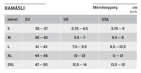 NORTHWAVE kamásli mérettáblázat